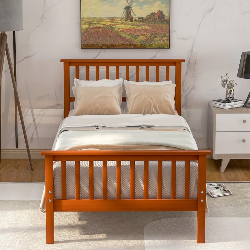 Twin Size Wood Platform Bed with Headboard and Footboard