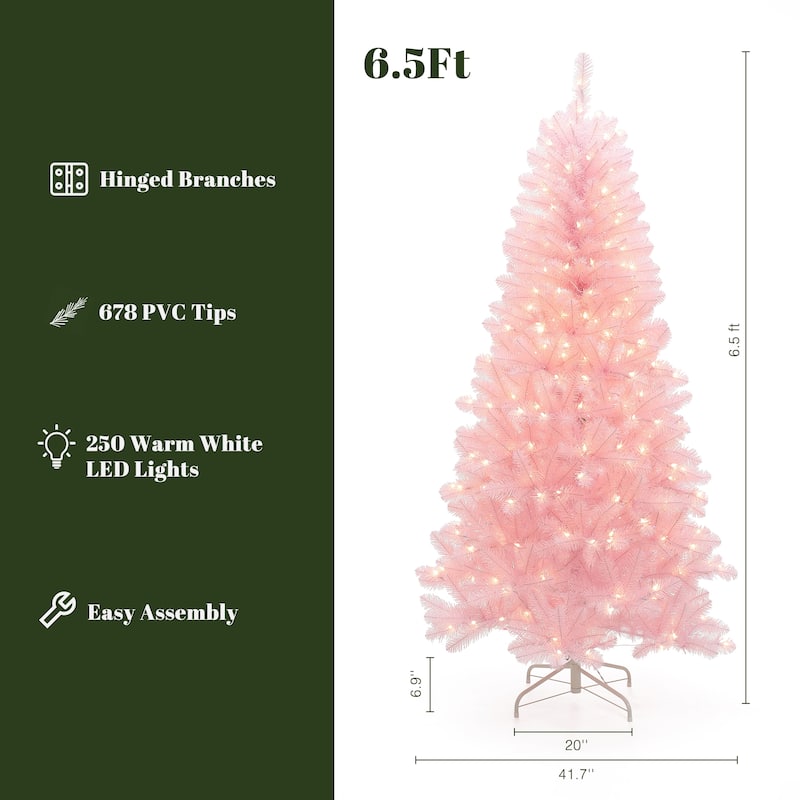 6.5Ft Pre-Lit Pink Hinged Full Artificial Christmas Tree - 78" H x 41.7" Diameter