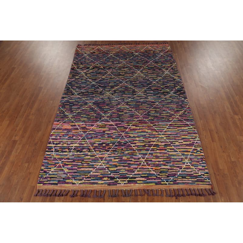 Colorful Trellis Moroccan Area Rug Hand-Knotted Wool Carpet - 6'1"x 9'3"