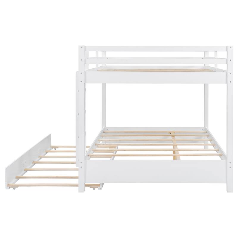 Queen Size Pinewood Bunk Bed with Ladder, Guard Rails and Twin XL Trundle