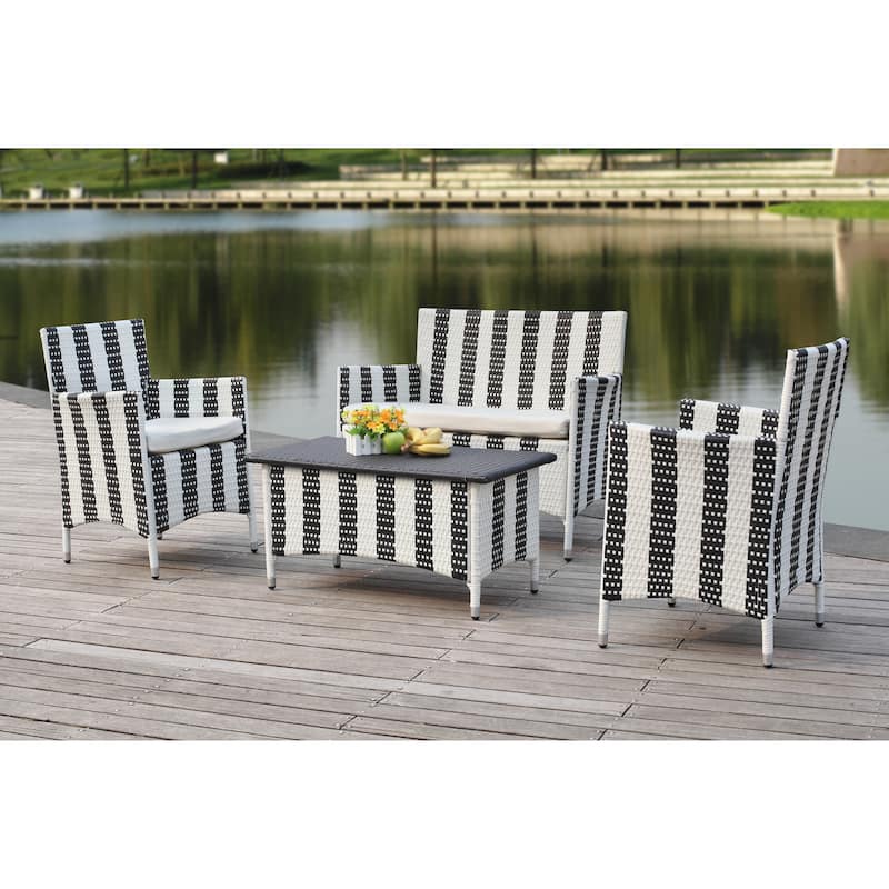 SAFAVIEH Outdoor Simka Brown/ Sand Patio Set (4-Piece) - 43W x 34D x 23H - Black/White