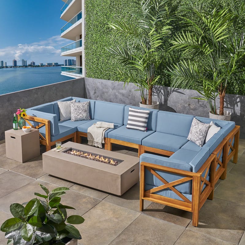 Brava Outdoor Acacia Wood 8 Seater U-Shaped Sectional Sofa Set with Fire Pit by Christopher Knight Home - teak finish + light gray + blue cushion
