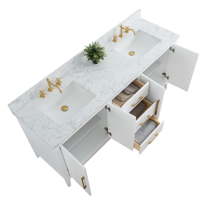 Vanity Art 72" Double Sink Bathroom Vanity Cabinet with Engineered Marble Top