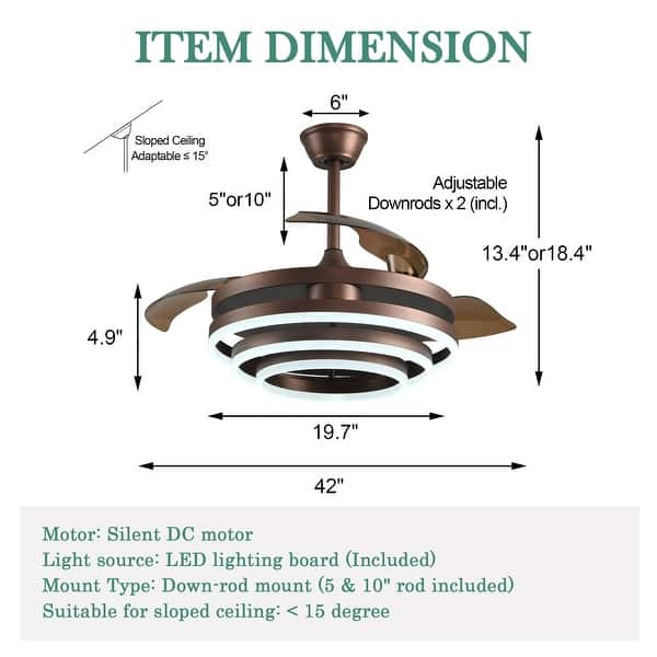 dimension image slide 4 of 6, Cusp Barn 42" Retractable Ceiling Fan with Lights and Remote DIY Shape Fandelier Modern Silent DC Motor LED Ceiling Light