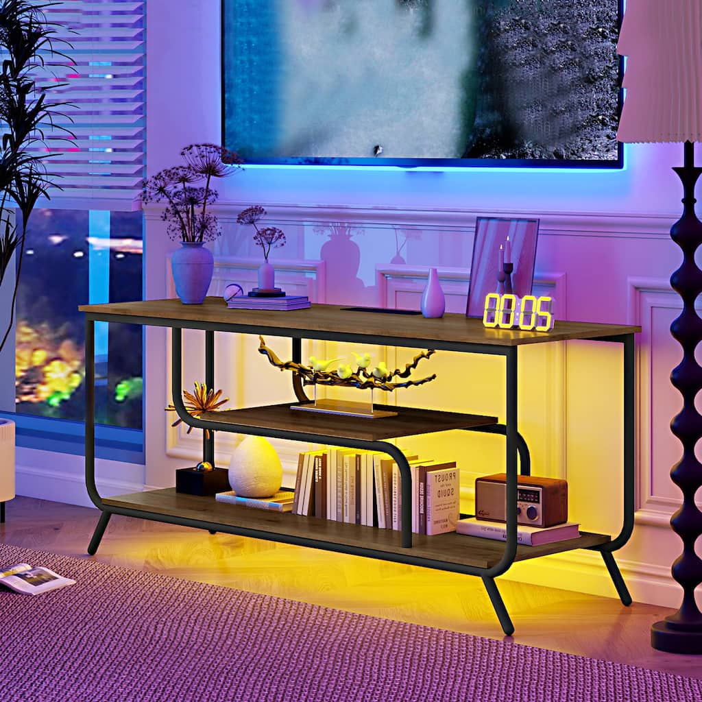 TV Stand with LED Lights Power Outlets - TV Stand for TVs up to 55 Inch, Modern TV Console Table