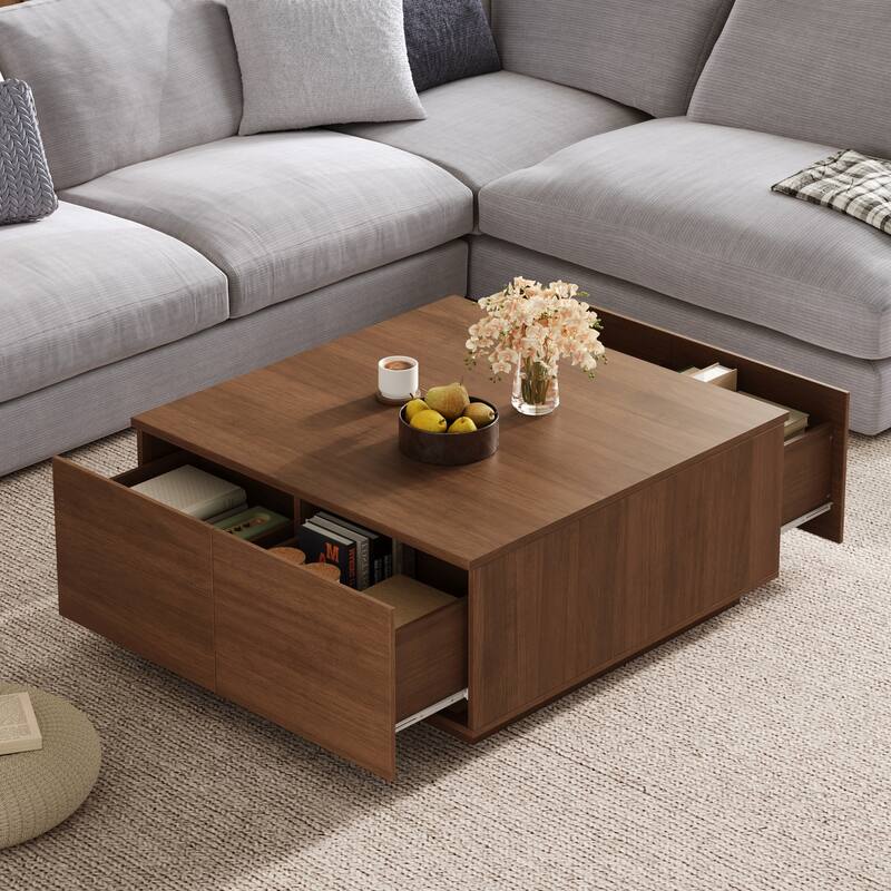 Roomfitters Square Coffee Table, Modern Wood Center Table with 4 Storage Compartments for Living Room