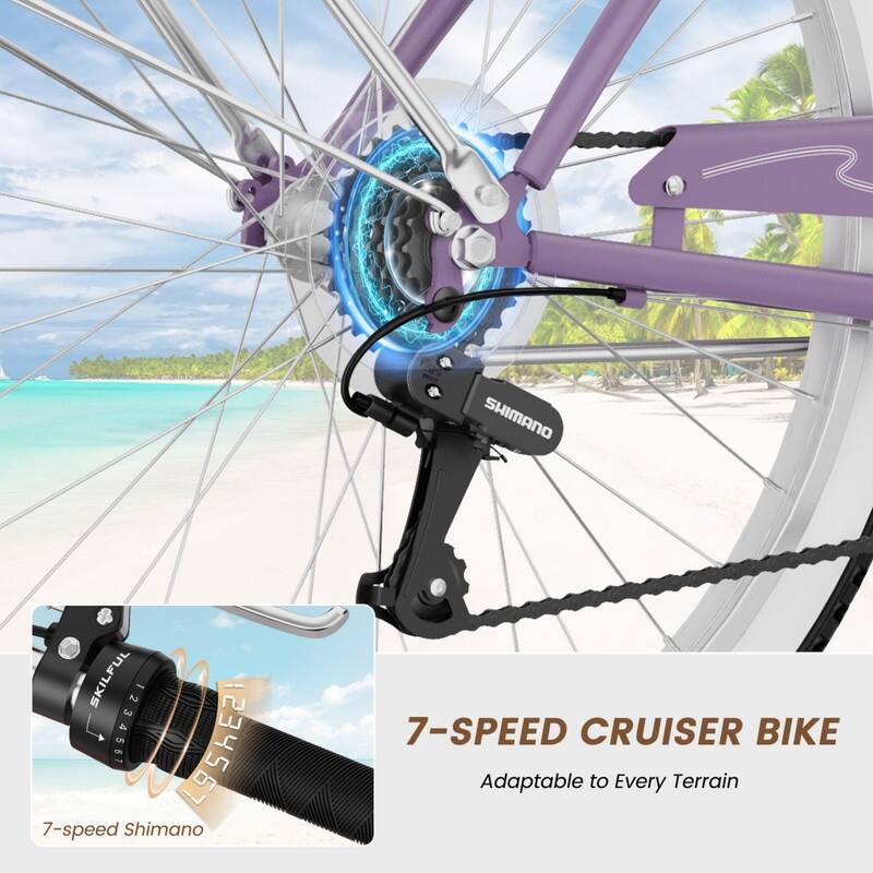 Beach Cruiser Bike for Women and Men, 24/26 Inch 7-Speed Adult Bicycle