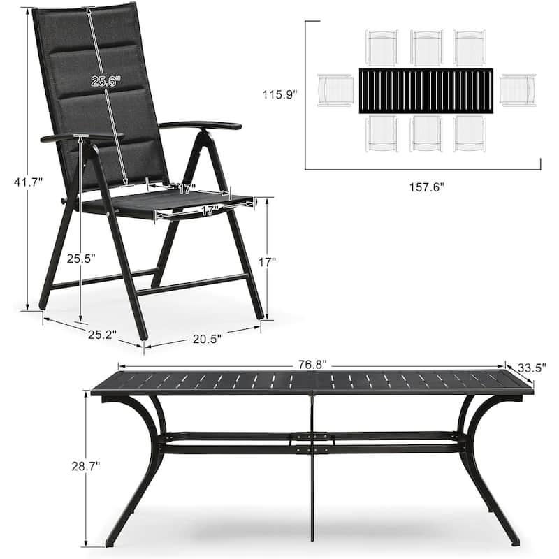 PURPLE LEAF Outdoor Patio Dining Set Folding Chairs And Table - Black（8 Persons）
