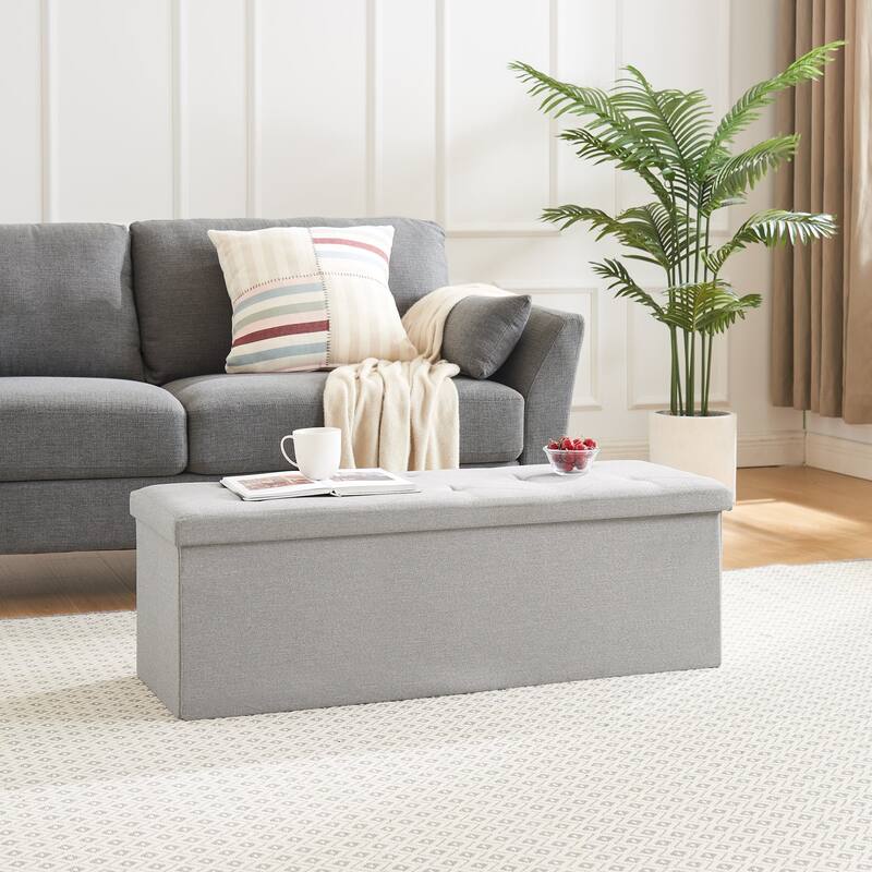 VECELO Set of 1 or 2 Foldable Storage Ottoman Bench 43" Fabric Ottoman with Lid Multi-Functional Folding Ottoman for Living Room - Grey - 1-Pack