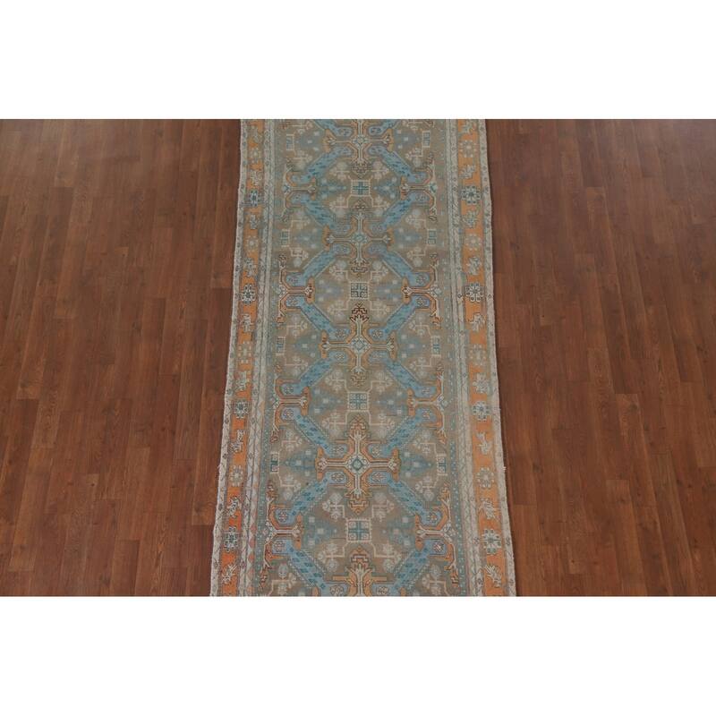 Hand Knotted Oriental 100% Wool Carpet Traditional All-Over Beige & Ivories Heriz Runner Rug - 10' 9'' X 3' 4''