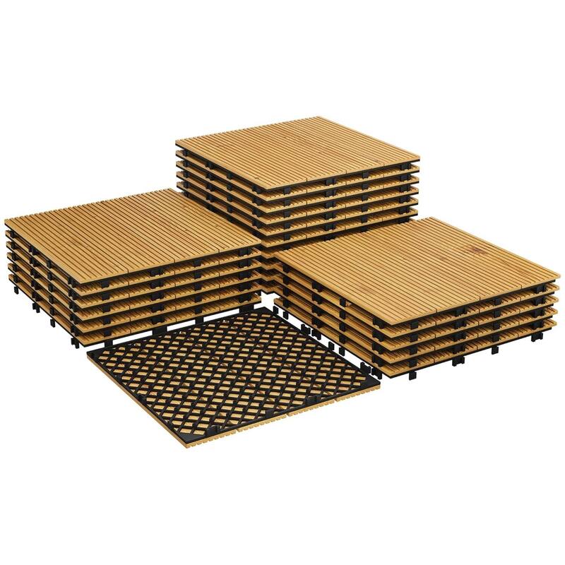 Acacia Wood Deck Tiles, 12"X12", Interlocking - Yellow Wood - 33pcs