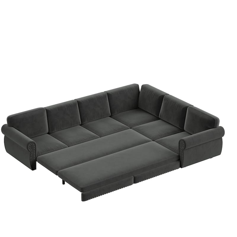 L-Shaped Sofa Couch with Pull-Out Bed, Convertible Sleeper Sofa with Nailhead Trim & Rolled Arms, Chenille Upholstered Couch