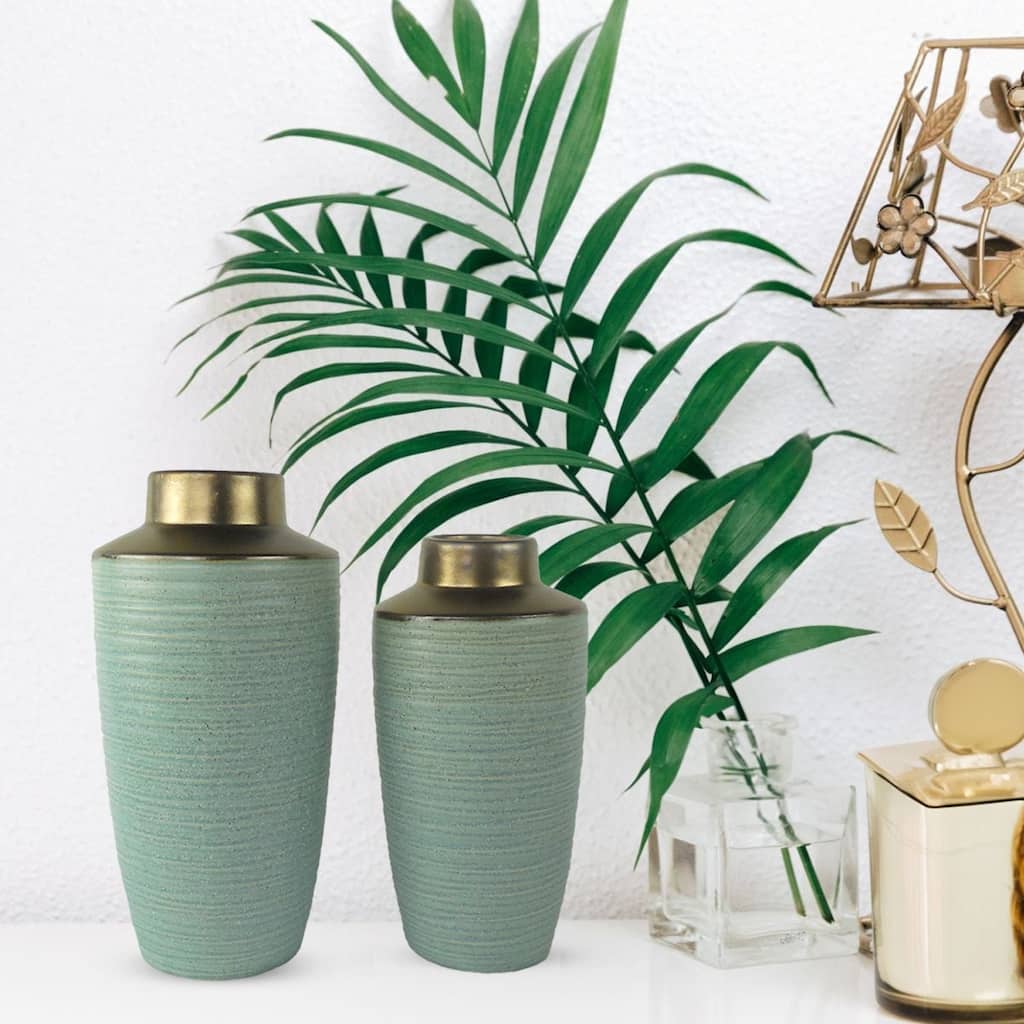 Aria Home Green Ceramic Vases Copper Rim Décor Display Set of 2