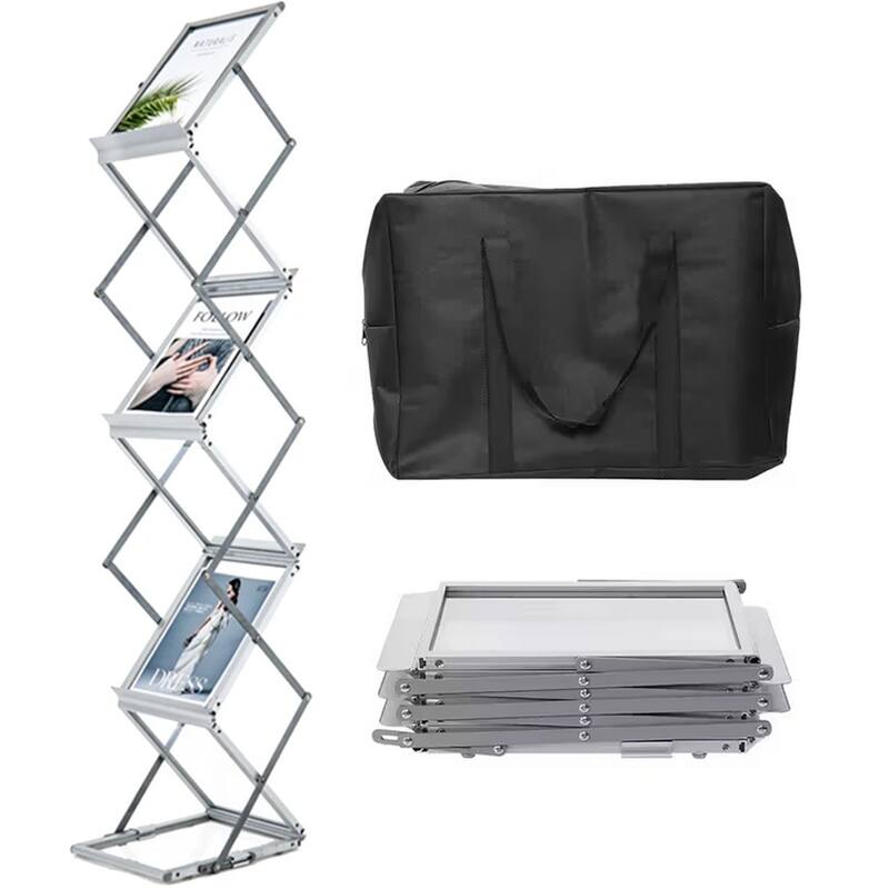 Magazine Rack, Floor Foldable Brochure Display Stand, 3 Adjustable Height Portable Aluminum Alloy Magazine Stand - silver