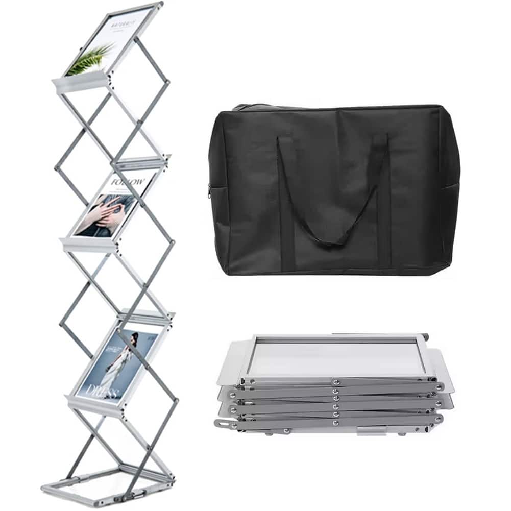 Magazine Rack, Floor Foldable Brochure Display Stand, 3 Adjustable Height Portable Aluminum Alloy Magazine Stand