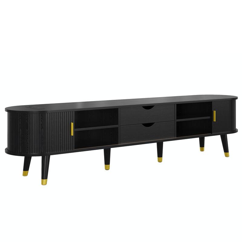 Wooden Oval TV Stand with Charging Station for TV up to 80", Mid-Century Media Console with Sliding Tambour Door for Living Room