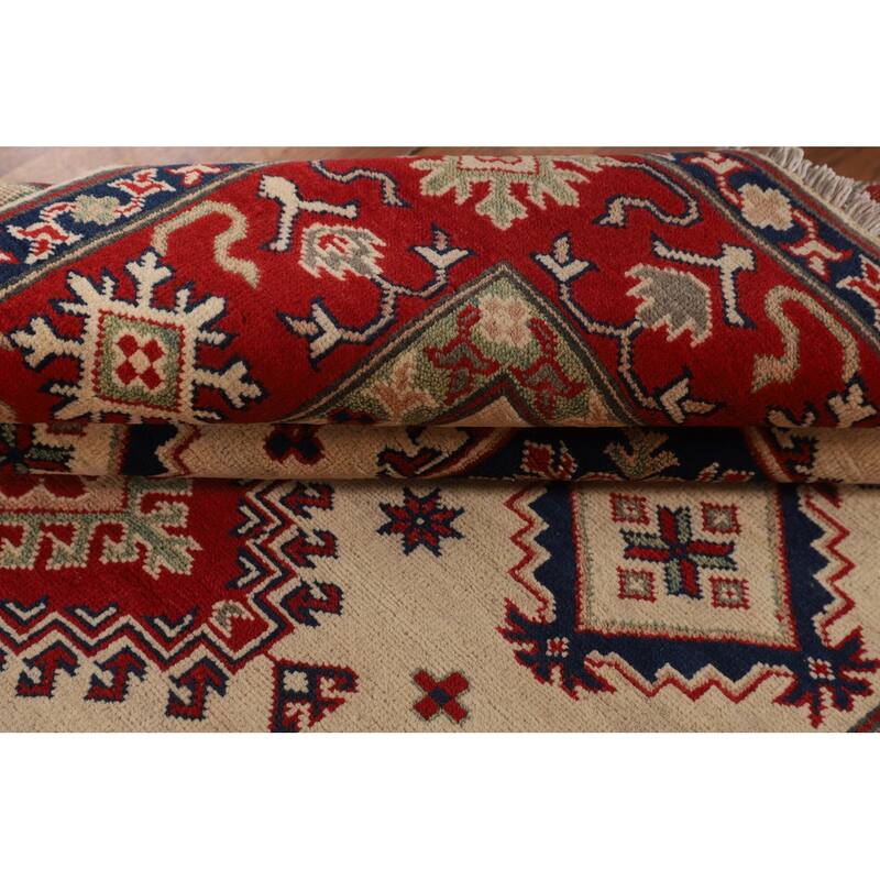 Geometric Beige Kazak Oriental Area Rug Handmade Wool Carpet - 5'0" x 6'8"