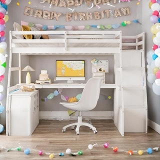 Full Size Loft Bed with 7 Drawers 2 Shelves and Desk