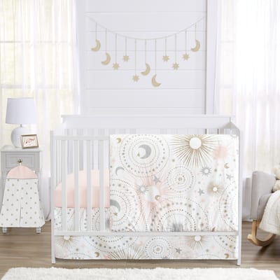 Sweet Jojo Designs Blush Pink Gold Grey & White Star and Moon Celestial Collection Baby Girl 4-pc Bumperless Crib Bedding Set