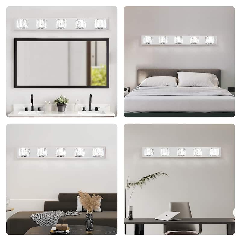 35" Modern Crystal 5-Light LED Wall Sconce,Elegant Chrome Bathroom Vanity Light with Clear Crystal Shades