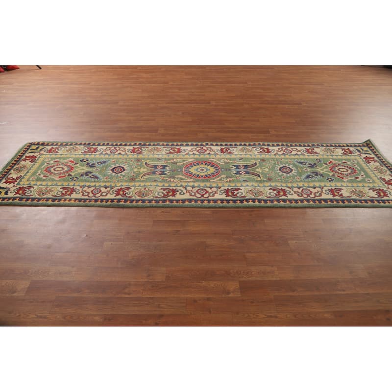 Green Floral Kazak Runner Rug Hand-Knotted Wool Carpet - 2'8" x 9'7"