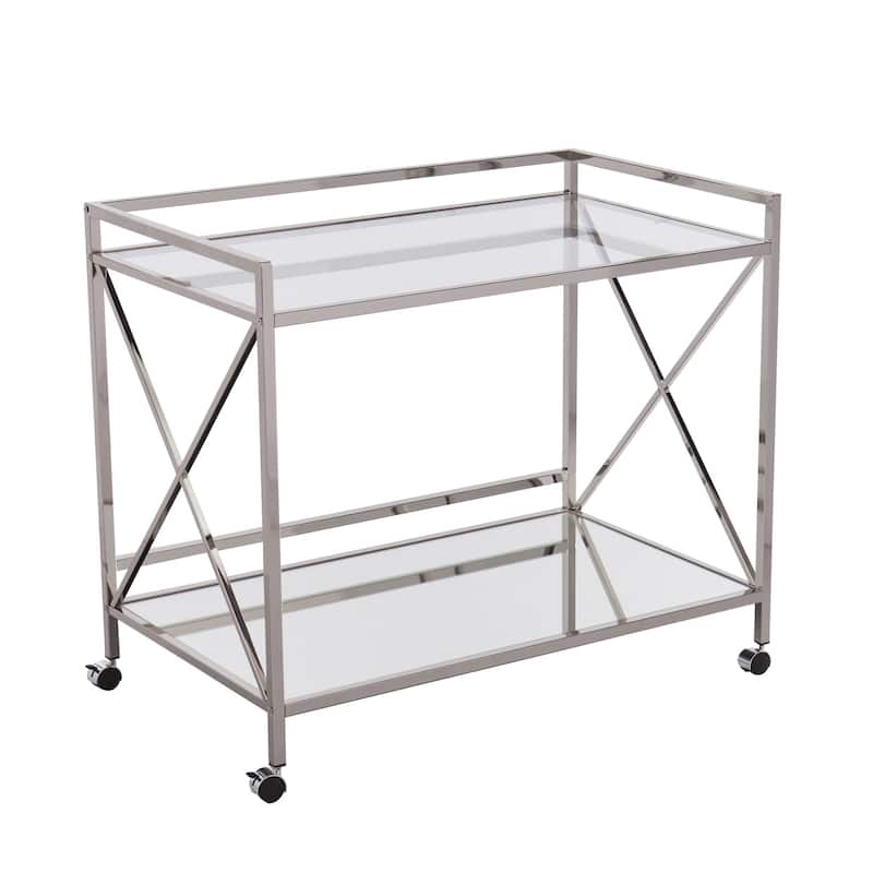 Rolling Bar Cart with Glass Shelves and Metal Frame for Home or Kitchen - 38.75” x 23.75” x 32.25” - Silver