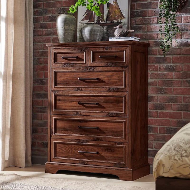 Farmhouse 6 Drawers Dresser Chests, Wood Rustic Chest of Drawers - Brown
