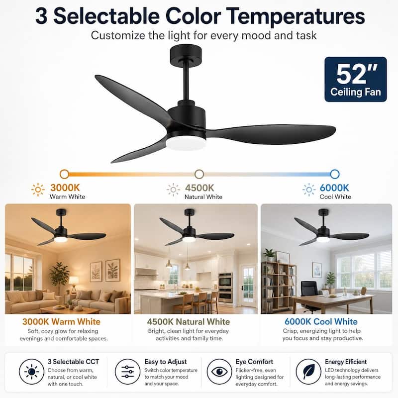 Airsurfer 52 in LED Ceiling Fan with Light, 3 Blades, Remote Control, 6 Speeds