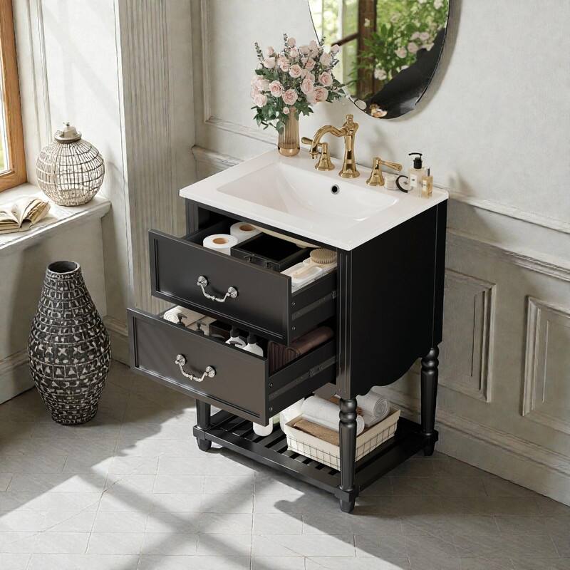 24'' Vintage Bathroom Vanity with Ceramic Sink, Freestanding Cabinet with 2 Drawers, Open Shelf