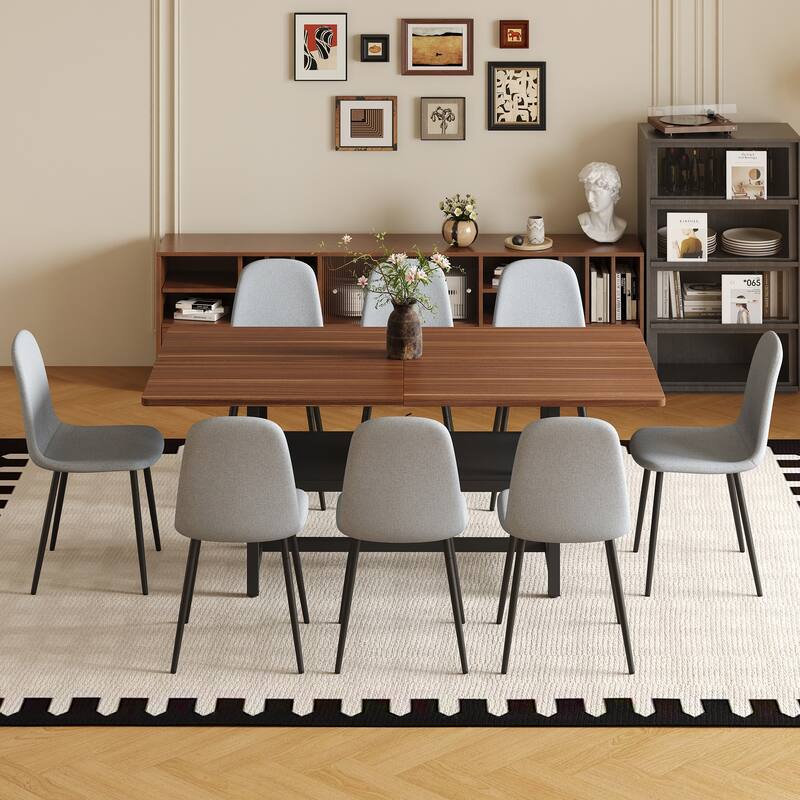 9-Piece Modern Dining Table Set, 71x35.4 Inch Wood Grain Table & 8 Linen-Cotton Dining Chairs - Light Gray,Walnut+black