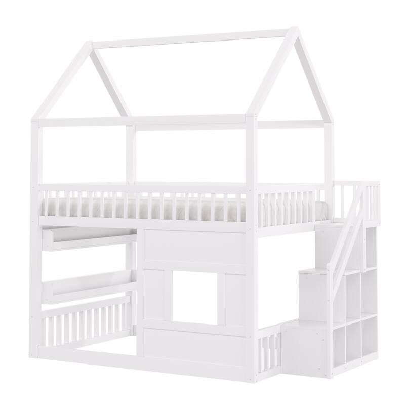 Full Size Wooden House Bed with Built-in LED Shelf Light, Fairytale Loft House-shaped Bed Frame for Children Kids Boys Girls