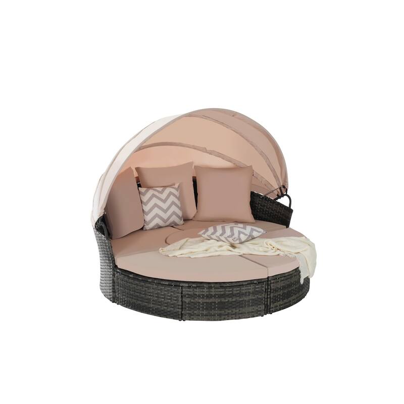 5-Piece Outdoor Patio Conversation Set Wicker Daybed Set with Canopy, Storable Table&Soft Cushions