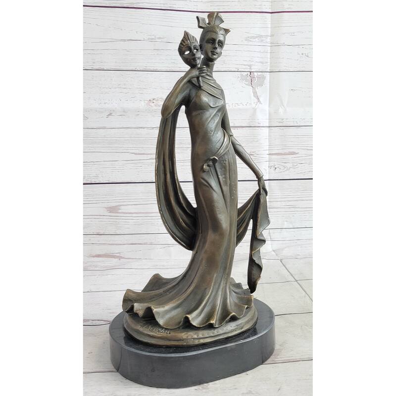 Masquerade Ball Art Deco Bronze Statue Sculpture Figure Holding Mask 14 Inches X 7 Inches