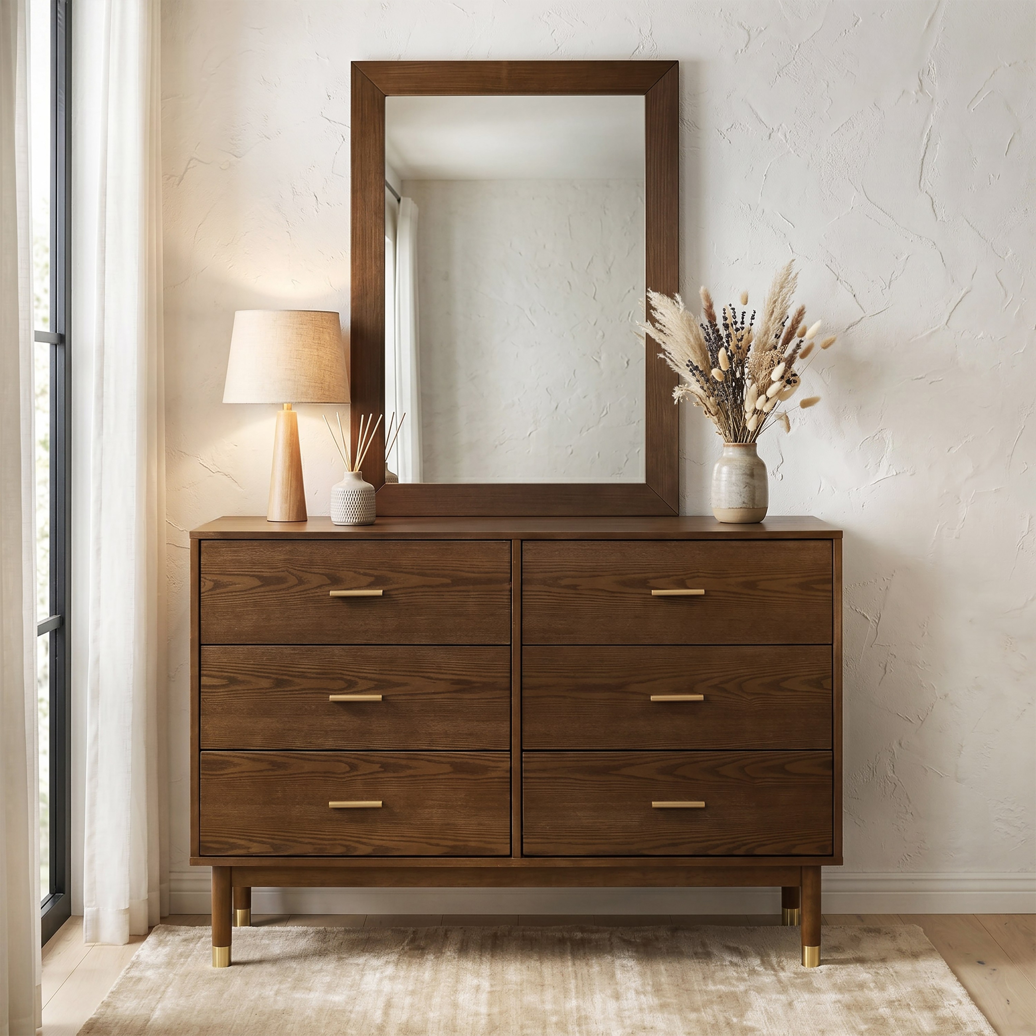 Furniture of America Korva Mid-Century Modern 2-Piece Walnut Wood 6-Drawer Dresser and Mirror Set