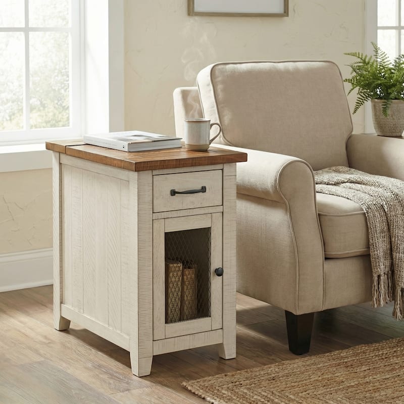 Rustic Solid Wood Chairside End Table with Hidden Charging Station - White with Honey Top