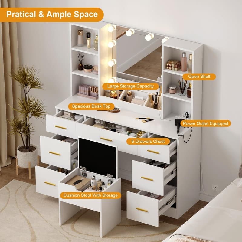 56" Farmhouse Makeup Vanity Set with Lighted Mirror, Charging Station, 7 Drawers