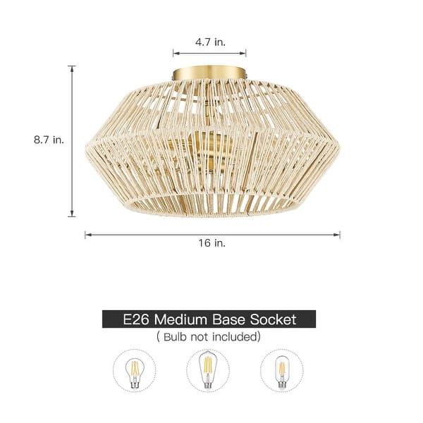 2-Light Bohemian Woven Rope Semi-Flush Mount Ceiling Light - D16"x H8.7" - Brass/Beige - 16 in. W