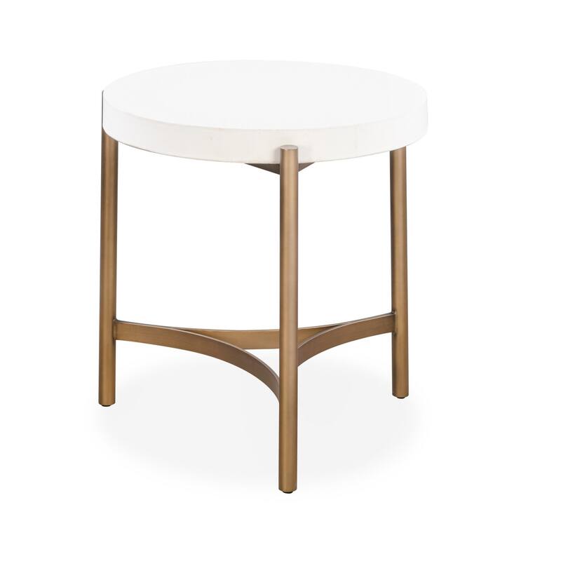 Leyu 23 Inch Round Side End Table, White Concrete Top, Bronze Tripod Base