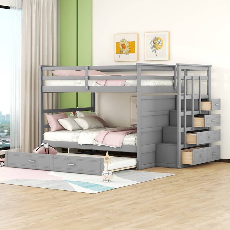 Full Over Full Bunk Bed with Storage Drawers and Multifunctional Staircase - Gray