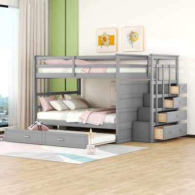 Twin/Full Bunk Bed with Trundle and Storage Staircase, Space-Saving Pine Wood Design