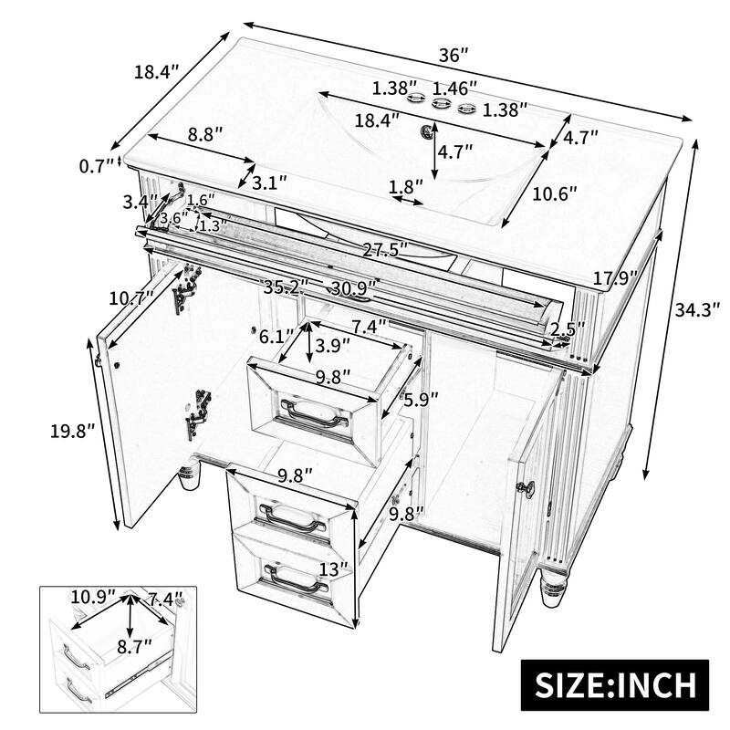 36 Inch Bathroom Vanity with Sink Combo,Freestanding Cabinet with Ceramic Basin, Flip-Out Top Drawer, Soft Close Doors