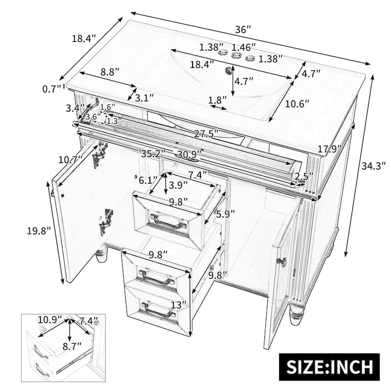 Modern 36 Inch Bathroom Vanity with Ceramic Sink, Solid Wood Frame, Golden Handles, Flip-Out Top Drawer & Storage Cabinet