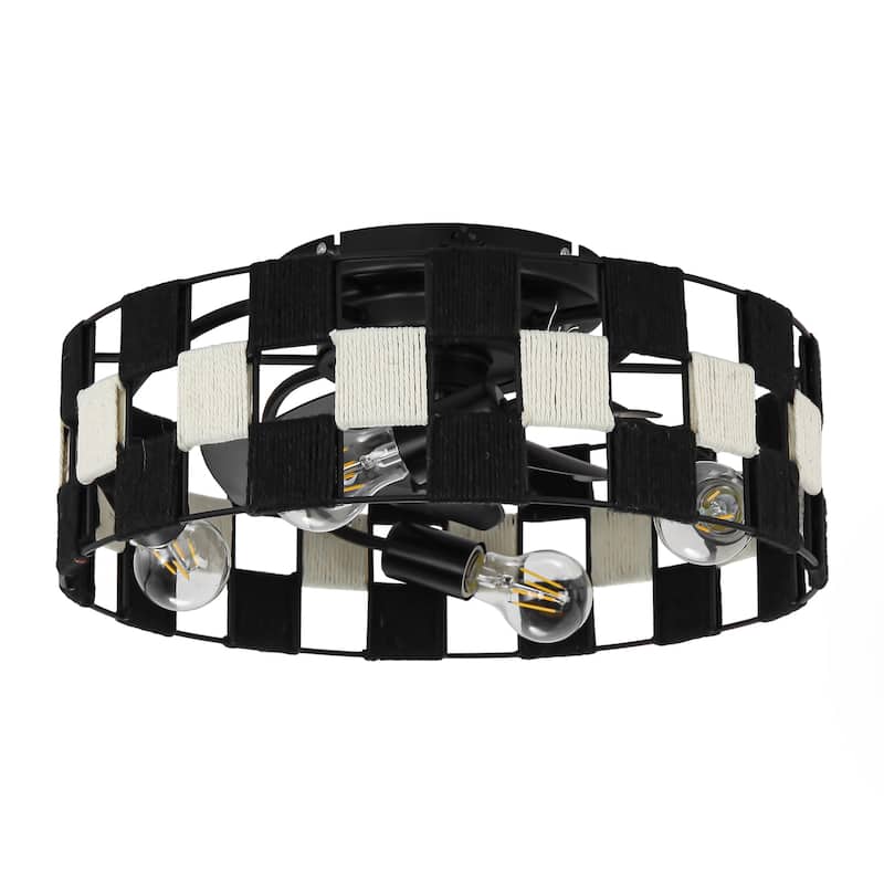 17.7" Black Hand-Woven Hemp Rope Caged Ceiling Fan Light with Remote and App