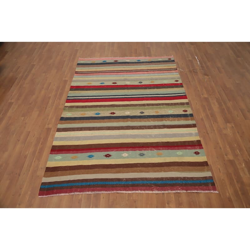 Hand Woven Oriental 100% Wool Carpet Southwestern Tribal Multi-Colored Kilim Area Rug - 8' 0'' X 5' 5''