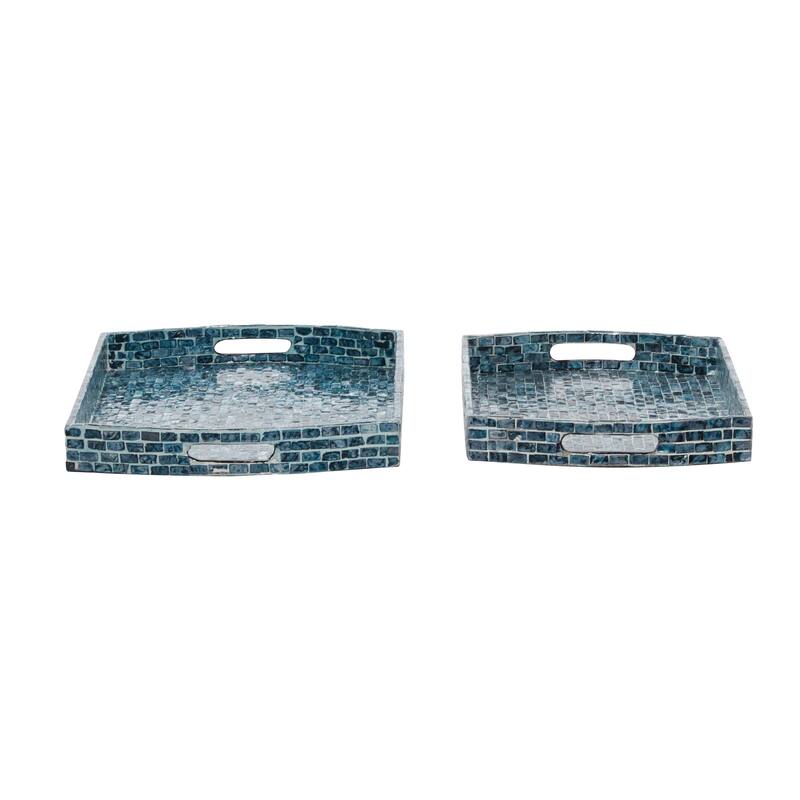 Blue Wood Living Room Decor Tray with Slot Handles (Set of 2) - 20 x 14 x 2