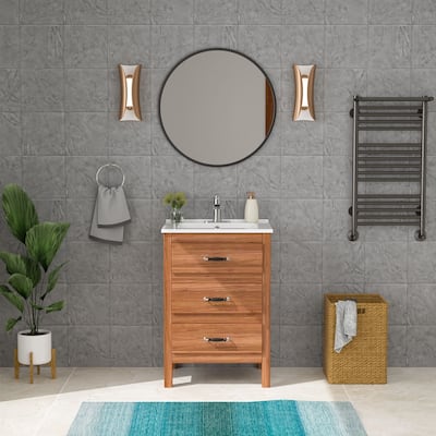 Ceramic Vanity Top Sink Single Basin in Glossy White with Faucet and Overflow Hole