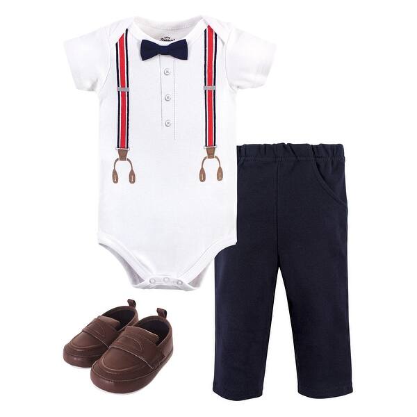 slide 1 of 1, Little Treasure Baby Boy Cotton Bodysuit, Pant and Shoe 3pc Set, Red Navy Suspenders 0-3 Months - Red Navy Suspenders