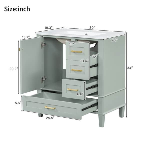 dimension image slide 6 of 8, GDFStudio - Iris Modern 30" Bathroom Vanity with Ceramic Sink, Soft-Close Door & 3 Drawers