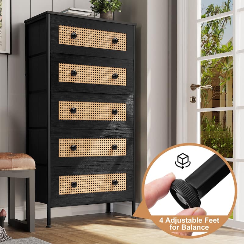 Crestlive Dresser Closet PE Wicker Rattan Storage Tower Organizer Chest of 5 Drawers
