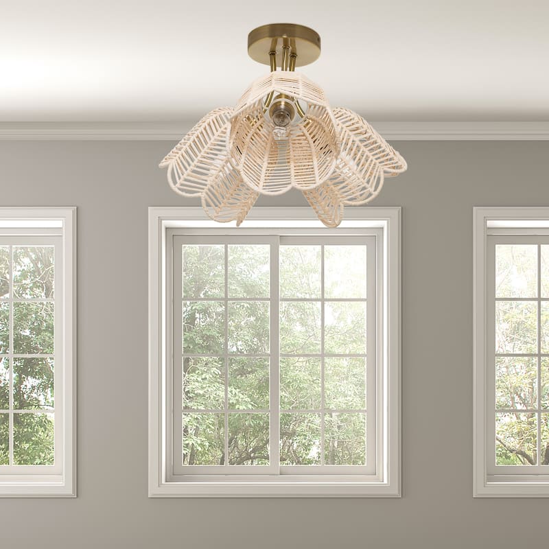 Echo River of Goods Gold and White Rattan and Metal Trio-Shade 18-Inch Ceiling Light - 18" x 18" x 11.5"